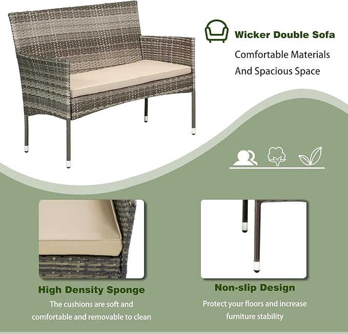 PayLessHere Outdoor Furniture Set 4 Pcs Modular Patio Furniture Set Water Resistant Conversation Set with 3 Rattan Chairs 1 Tempered Glass Topped Table for Patio Poolside, Gray Wicker/Khaki Cushions