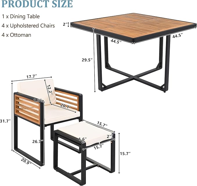 9-Piece Outdoor Patio Acacia Wood Dining Table Set, Square Table with 4 Cushioned Chairs& 4 Stools, All-Weather Resistant Conversation Set with Metal Frame, Space-Saving Design for 8 (Beige-1.8)