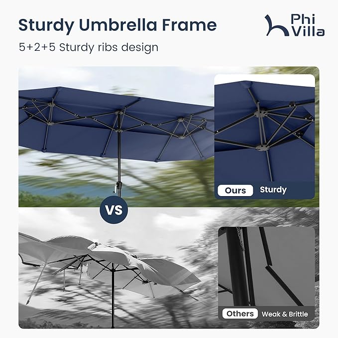 PHI VILLA 13ft Large Patio Umbrellas with Base Included, 2-Tier Double-Sided Outdoor Market Rectangle Umbrella for Outside, Blue