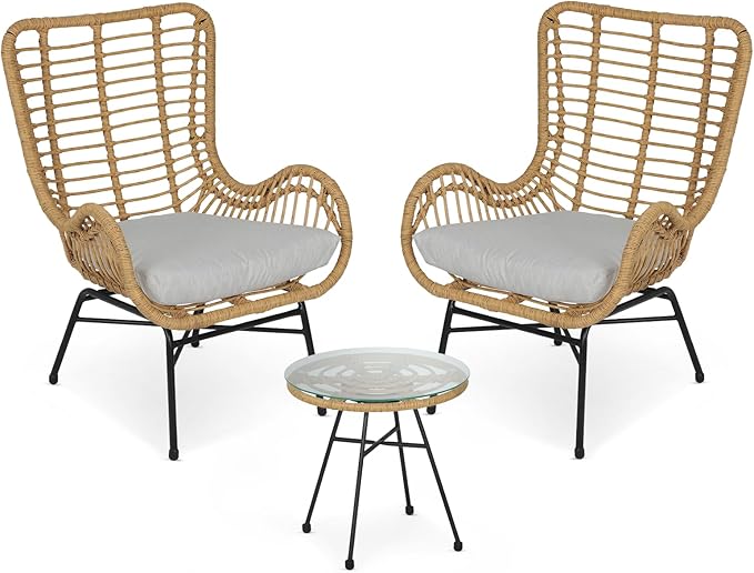 Athena Collection Patio Bistro Sets, 3 Piece All Weather Furniture Set Outdoor Conversation Set Glass Table and Rattan Chairs Set with Soft Cushions for Garden, Poolside, Backyard, Light Gray