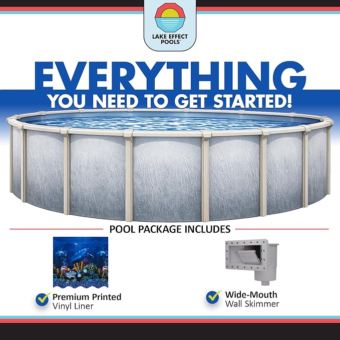 Lake Effect Pools 'Bermuda' 27 ft Round Above Ground Swimming Pool | 48 Inch Walls | 6" Steel Top Ledge | Bundle Includes: 25 Gauge Overlap Liner & Widemouth Skimmer