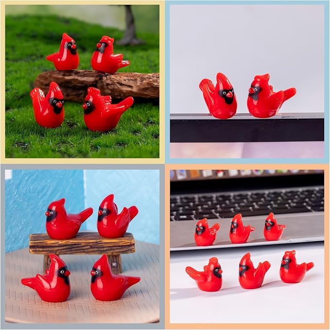 60 PCS 6 Styles Glossy Mini Red Resin Cardinal Bird Figurines, Tiny Bird Miniature Dollhouse Accessories, Bulk Christmas Ornaments for Xmas Gift Mini Garden Cake Topper Decor