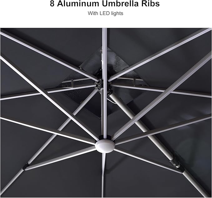 PURPLE LEAF 11 Feet Solar Powered LED Square Cantilever Umbrella With Base Patio Umbrellas Windproof Hanging Umbrella Outdoor Offset Umbrellas, Black