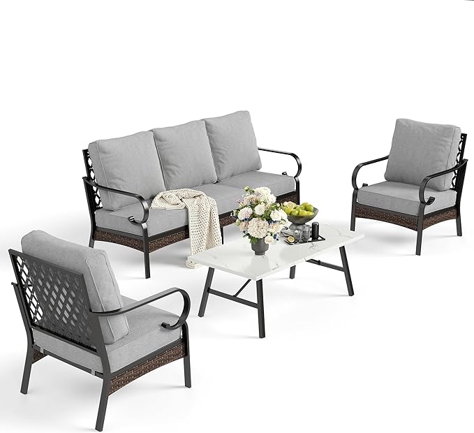 4 Piece Metal Outdoor Patio Furniture Set, Patio Conversation Sets 1 3-seater Sofa, 2 Chairs with 5.75" Extra Thick Cushion and Coffee Table, Black Frame Backyard Furniture, Light Gray