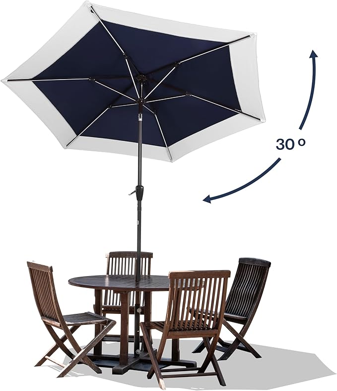 JONATHAN Y Spencer 9 ft. Solar Powered LED Patio Umbrella with Crank and Tilt, Hexagon Outdoor Market Sunshade for Garden, Deck and Pool, Navy/White, Dark Brown Pole UMB1100A