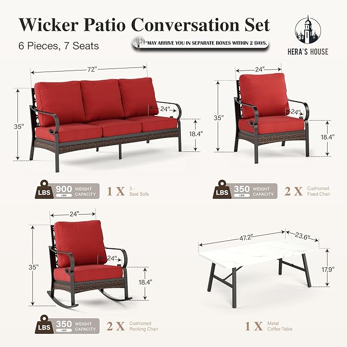 HERA'S HOUSE 6 Piece Metal Patio Furniture Set, All Weather Outdoor Conversation Set with 3-Seat Sofa, 2 Rocking Chairs, 2 Fixed Chairs & Coffee Table, 7 Seats for Backyard, Garden, Deck, Red