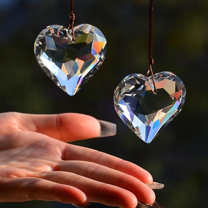 2PCS Heart Crystal Suncatcher Prisms for Windows (Heart Clear) | Clear, Transparent, K9 Glass, Rainbow Maker, with Hooks & Cord