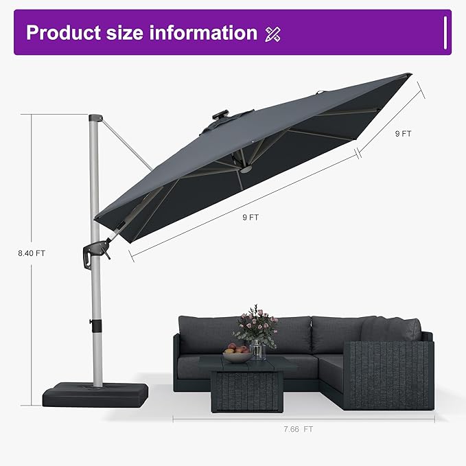 PURPLE LEAF Patio Umbrella with base 9 Feet Outdoor Square Cantilever Umbrella Solar Powered LED with 360-degree Rotation for Garden Deck Pool Patio, Grey