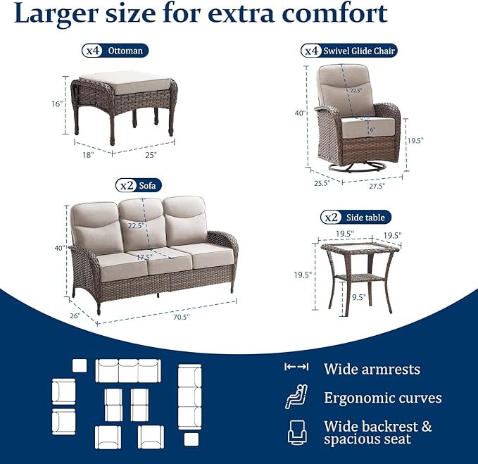 Outdoor Swivel Rocking Chair Patio Set (12pcs) High-Back - Thick Cushion Swivel Rocking Chair Patio with Sofa Set, All-Weather Wicker Patio Furniture Set, Suitable for Balcony Patios, Brown/Beige