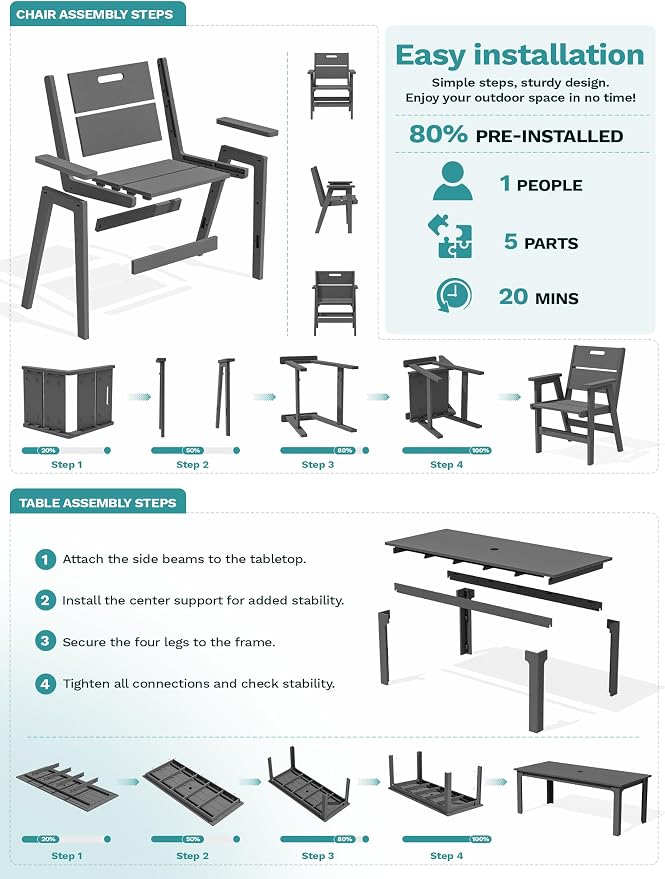 SERWALL 7 Piece HDPE Patio Dining Set, 76 Inch Outdoor Dining Table with 6 Chairs, All Weather Resistant Heavy Duty Outdoor Furniture with Umbrella Hole for Garden Backyard Deck, Gray