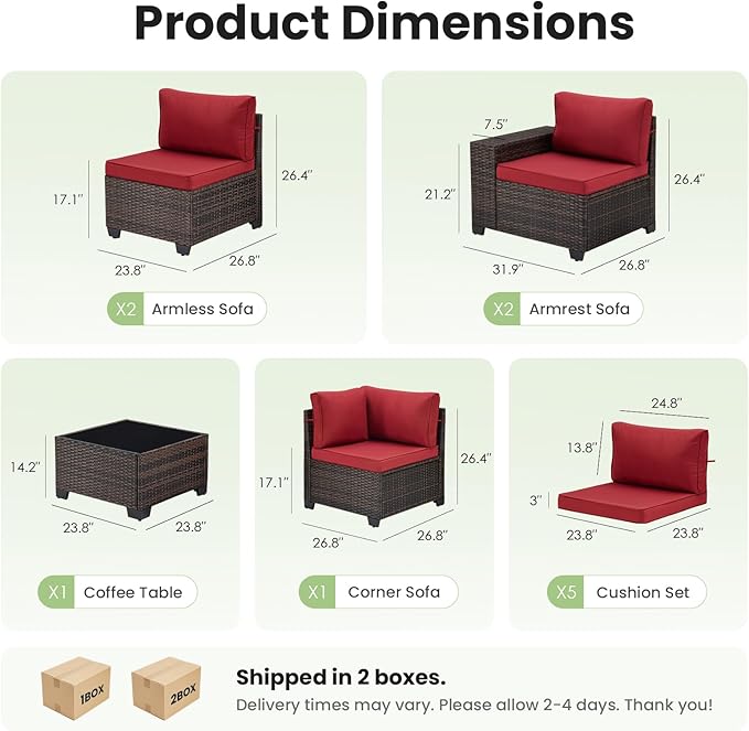Soohow 6-Piece Patio Furniture Set All-Weather Outdoor Wicker Sectional Conversation Set with Cushion and Glass Table for Garden, Porch, Backyard, Wine Cushions