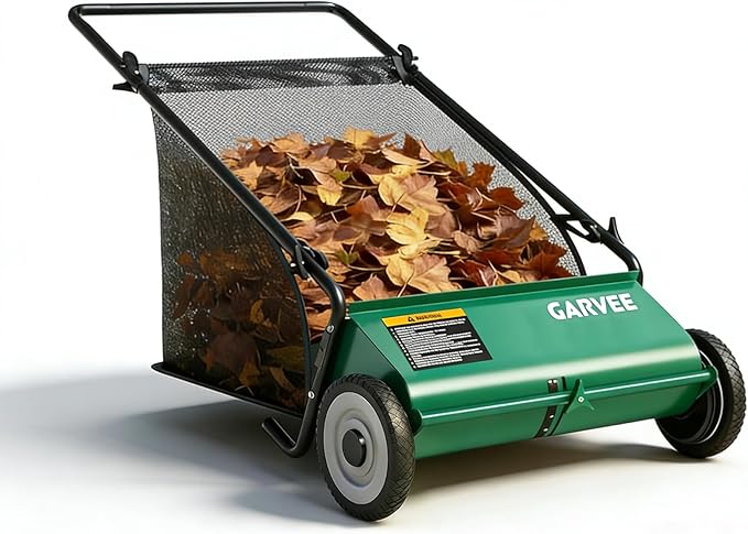 GarveeLife Push Lawn Sweeper, 26 Inch Extra-Wide 4-Brush System, 7 cu.ft. Mesh Bag, Heavy Duty Steel Frame, Height-Adjustable Yard & Garden Cleaner for Leaves and Grass