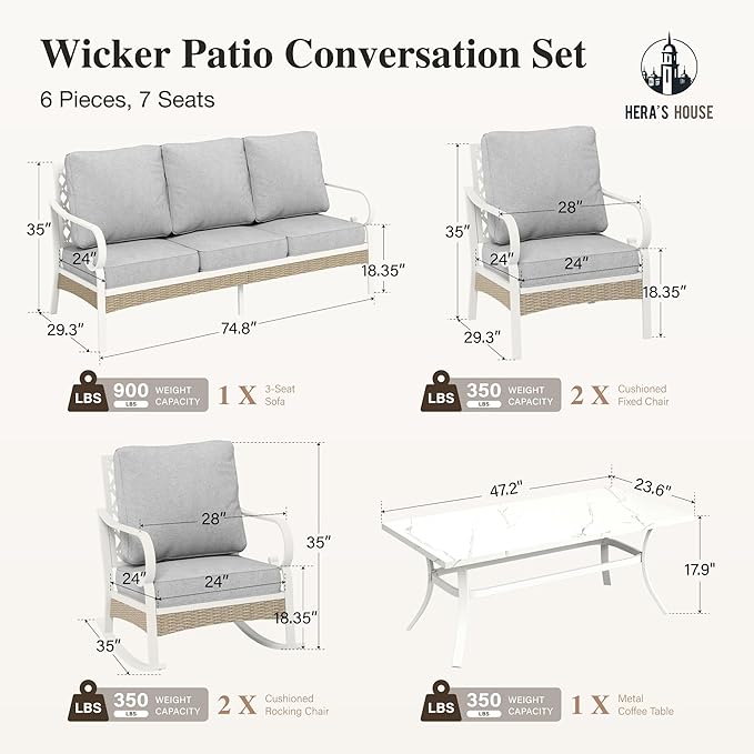 HERA'S HOUSE 6 Piece Metal Patio Furniture Set, All Weather Outdoor Conversation Set with 3-Seat Sofa, 2 Rocking Chairs, 2 Fixed Chairs & Coffee Table, 7 Seats for Backyard, Garden, Deck, White/Grey