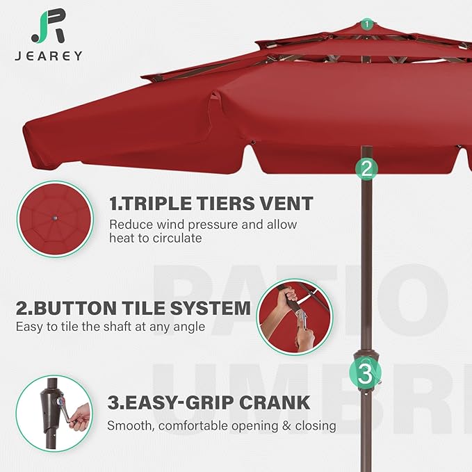 JEAREY 3 Tiers 9 FT Patio Umbrellas Outdoor Table Umbrella with Push Button Market Umbrella 8 Sturdy Ribs UV Protection Waterproof for Garden,Red