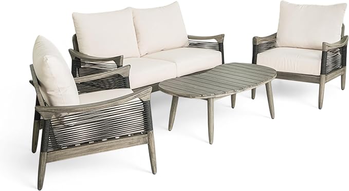 Christopher Knight Home Havets 4 Piece Patio Conversation Sets, Outdoor Acacia Wood Patio Seating Group,Woven Rope Loveseat Chairs with Cushions and Coffee Table for Porch Backyard Balcony, Gray+Beige
