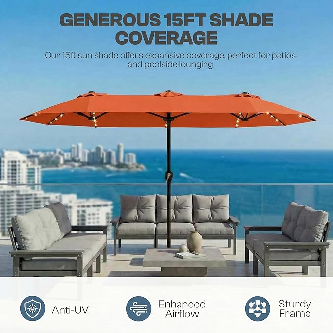 15FT Patio Umbrella with Solar Lights, Double-Sided Extra Large Outdoor Table Umbrella with Base Included, Heavy-Duty 12 Iron Ribs Market Umbrella for Garden, Pool, Backyard, Terracotta