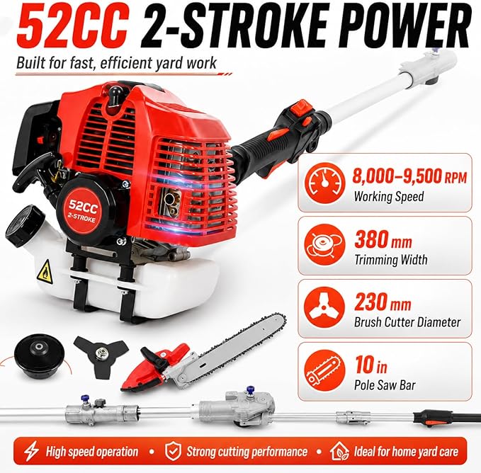 5 in 1 Weed Eater Gas Powered, 52CC 2 Stroke Hegde Trimmer, Weed Wacker,String Trimmer, Heavy Duty Brush Cutter, Pole Saw with Extension Pole, Multi Functional Trimming Tools for Lawn Care