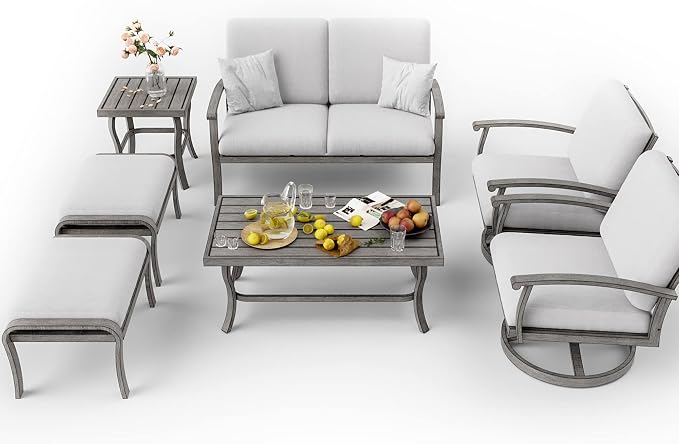 HAPPATIO 7 Piece Aluminum Patio Furniture Set, Outdoor Swivel Armchair with Loveseat, All-Weather Outdoor Sectional Sofa with Side Table and Coffee Table, Garden Conversation Set for Lawn(Gray)