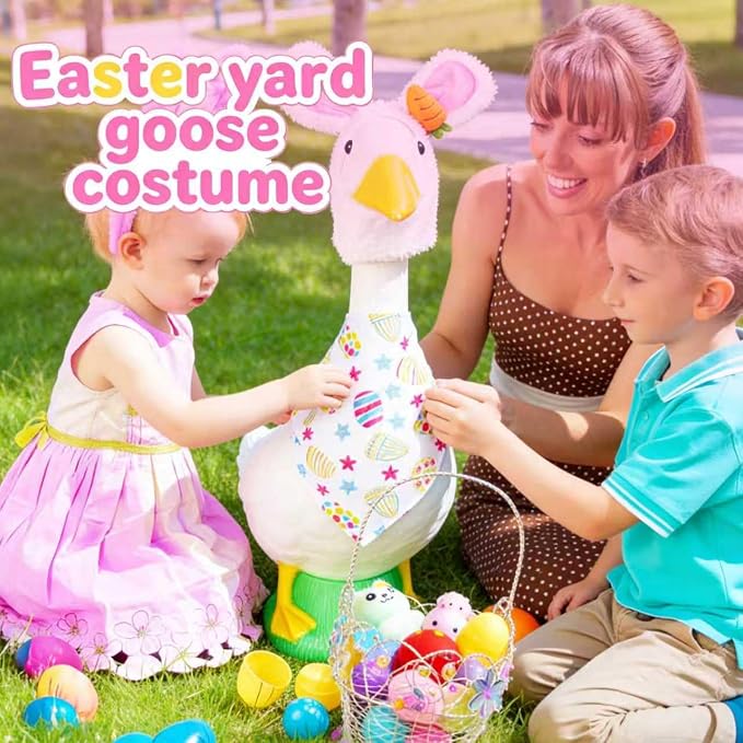 Easter Bunny Outfit for Porch Goose - Spring Costume with Adjustable Hat & Colorful Scarf, Cute Easter Basket Stuffers for 23" or 17" Lawn Statue Decor