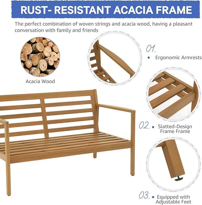 SUNSITT 4 Piece Acacia Wood Patio Furniture Set, Outdoor Conversation Sofa Set with Coffee Table & Cushions for Garden, Backyard, Cream White