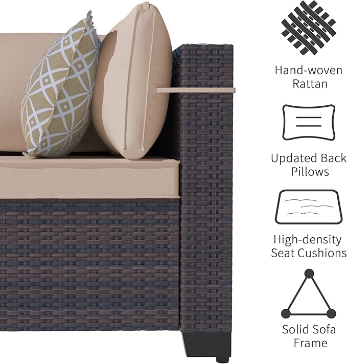 Outdoor Patio Furniture Set, 14 Pieces Outdoor Sectional Furniture Patio Sofa, All-Weather PE Rattan Patio Conversation Set with Tempered Glass Top Table & Cushions(Brown).