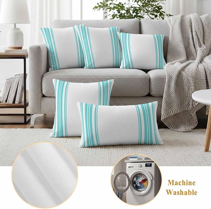 Outdoor Waterproof Throw Pillow Covers Set of 2 Turquoise Stripes Pillowcases 16x16 Inches White Vertical Striped Decorative Pillows Cushion Case Patio Pillows for Couch Bed Chair Garden