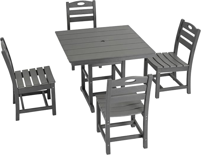 WILLIAMSPACE 37.8" Outdoor Patio Dining Set with 4 Armless Chairs, All Weather HDPE Square Dining Table with Umbrella Hole, Patio 5-Piece Bistro Set for Backyard, Balcony, Lawn, Kitchen (Grey)