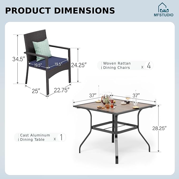 MFSTUDIO 5 Piece Patio Dining Table Set for 4, 37" Square Outdoor Metal Table & Wicker Chairs, Patio Dining Furniture Wood-Like Table and Chairs for 4, Deck, Yard, Porch