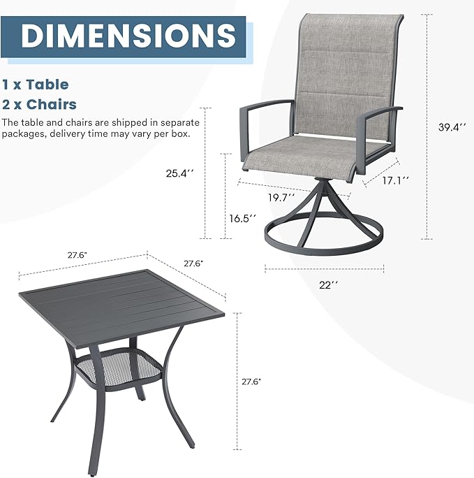DIFY 3 Piece Outdoor Dining Set for 2, Patio Furniture Set with Padded Textilene Swivel Patio Chairs and 27.6" Small Square Metal Dining Table, Grey Fabric & Grey Tabletop