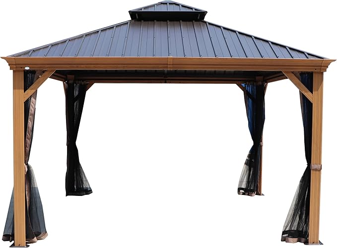 Kozyard Apollo 12’x12’ Hardtop Gazebo, Wooden Coated Aluminum Frame Canopy with Galvanized Steel Double Roof, Outdoor Permanent Metal Pavilion with Netting for Patio Lawn