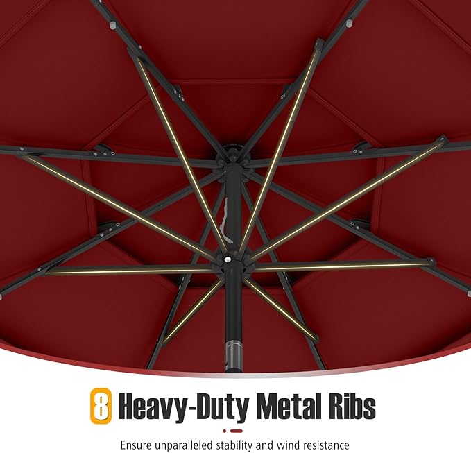 Tangkula 10 FT Solar LED Patio Umbrella, 3-Tier Vented Outdoor Market Table Umbrella with 32 LED Lights, Tilt Adjustment, Crank Handle, 8 Ribs for Backyard Pool Deck (Wine)