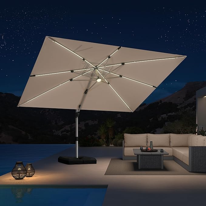PURPLE LEAF 9' X 12' Patio Umbrella with Lights Outdoor Rectangle Cantilever Umbrella Solar Powered LED with 360-degree Rotation for Garden Deck Pool Patio, Beige