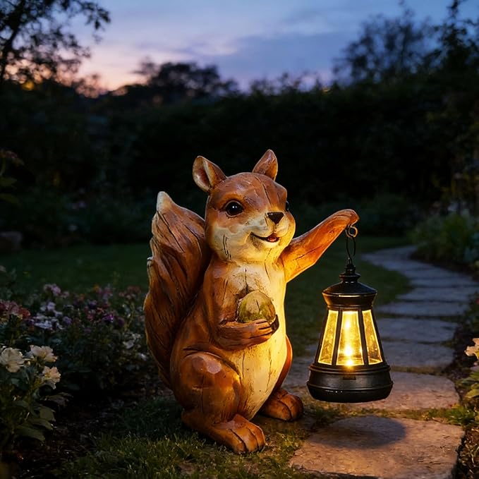 Garden Statue Outdoor, Solar Squirrel Decor Lights, Resin Figurine Squirrel with Solar Light for Patio, Balcony, Yard, Lawn Ornament, Perfect Garden Gift