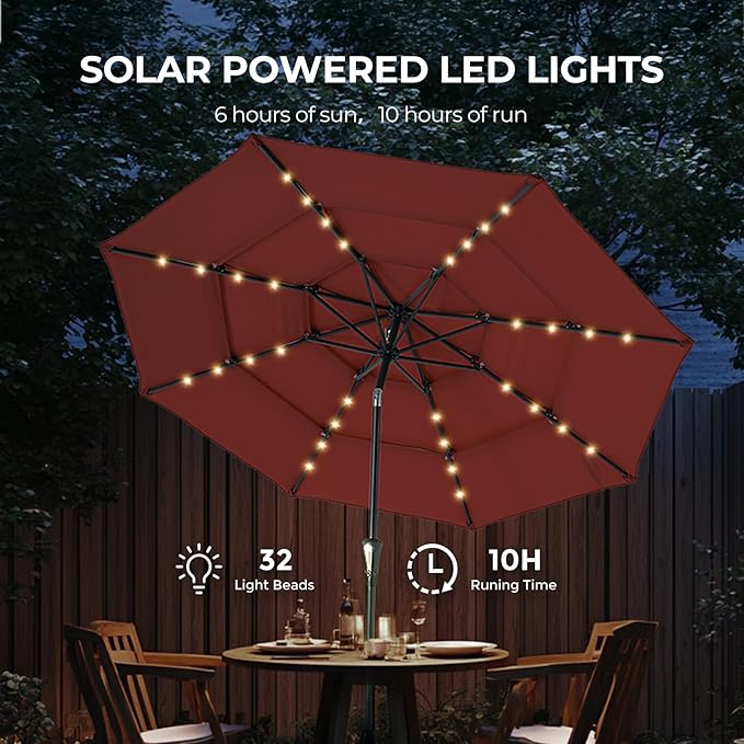 HOMSHADE 9FT 3-Tier Solar Patio Umbrella Heavy Duty, Vented Market Table Umbrella Windproof w/32 LED Lights, UPF50+, 5-year Fade Resistant, for Pool, Lawn, Garden, Deck (Neon Orange,No Base)