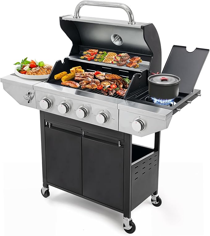 4 Burner Propane Gas Grill with Side Burner, Stainless Steel BBQ Grill 48,500 BTU for Outdoor Cooking Kitchen, Garden and Patio Backyard Barbecue, Dark Black and Silver