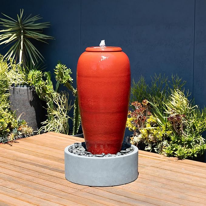 PLANTATOREM Long-Lasting Modern Ceramic Tall Jar Water Fountain with Framed Reservoir - Indoor/Outdoor Fountain for Patio, Deck, or Yard (Lavish Red, 20.0" D x 36.0" H)