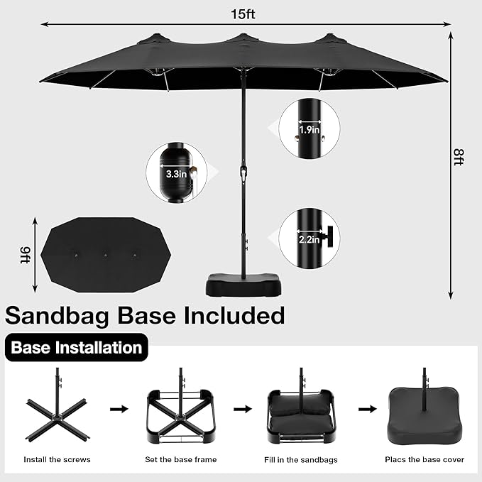 Joyside 15FT Large Patio Umbrella, Outdoor Double Sided Umbrella, Rectangle Umbrella with Crank Handle, 12 Sturdy Ribs for Deck, Porch and Pool