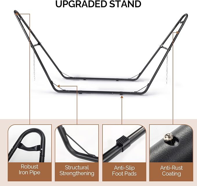 Outdoor Hammock with Stand Set,Double-Barrel Hammocks,Heavy Duty Adjustable Hammock Set,Hammocks Swing Chair Stand,with Soft Pillow,for Outside, Patio, Yard, Garden, Backyard, Camping (Beige)