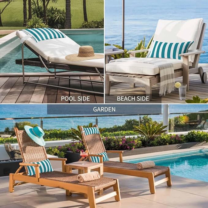 Teal Striped Outdoor Chaise Lounge Head Pillow with Insert,Simple Art Vertical Stripe Farmhouse Waterproof Headrest Lumbar Pillow Cusion Cover with Elastic Strap for Patio Beach Recliner,11"x16" 2PCS