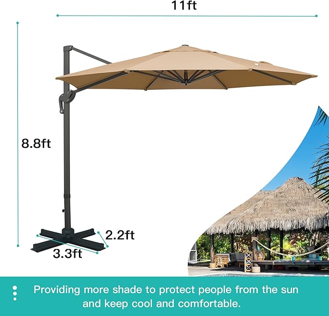 Sunnyglade 11Ft Cantilever Patio Umbrella Deluxe Offset Umbrella 360°Rotation & Integrated Tilting System Heavy Duty Patio Hanging Umbrella for Market Garden Deck Pool Backyard Patio (Tan, 11 ft)