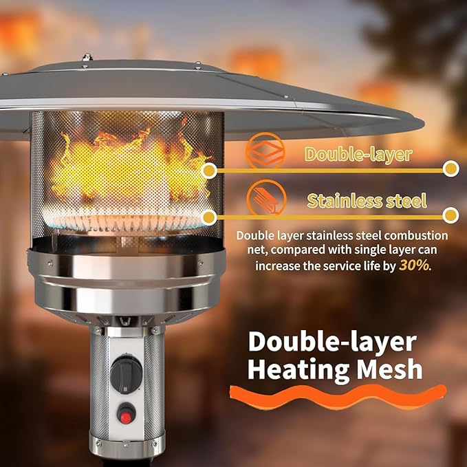 50,000 BTU Outdoor Propane Patio Heater with Wheels – All-Stainless Steel Gas Heater, Weighted Base, Easy Ignition & Safety Tilt Shut-Off for Patio, Backyard, Garden & Commercial Use