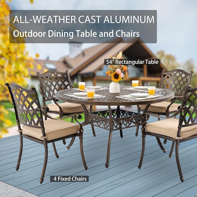 5-Pcs Cast Aluminum Patio Dining Set for 4, 54" Round Table,Bronze | Outdoor Furniture Set Include Dining Table and 4 Stackable Chairs with Cushions & Umbrella Hole