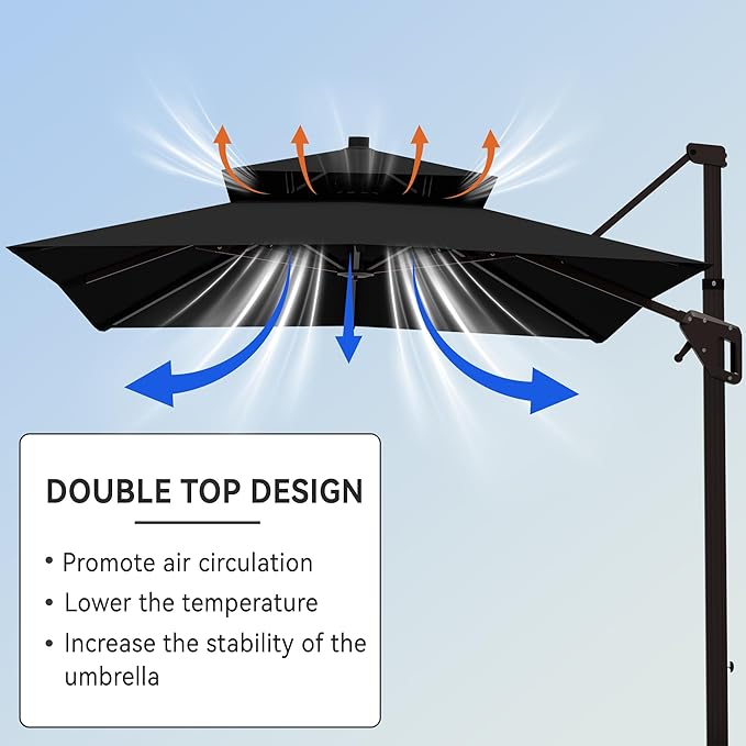 10' X 13' Cantilever Patio Umbrella Double Top Rectangular Outdoor Large Offset Umbrellas with 7 Tilts Adjustable 360°Rotation for Deck Pool Garden Backyard, Black
