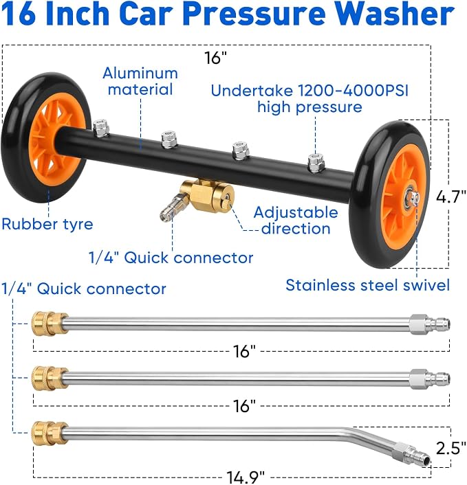 2-in-1 16' Undercarriage Pressure Washer Water Broom, 4000PSI Under Car Pressure Washer Attachment with 3 Pieces Extension Wand & Hub Brusher, Surface Cleaner (without Bottle& Replaceable Nozzle)