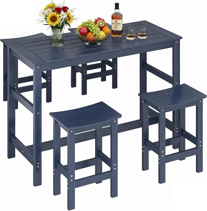5Pcs Poly Lumber Outdoor Patio Bar Set, All Weather HIPS Bar Table and Chairs Set for Outside, 55" Rectangular High Top Bar Table with 4 Bar Stools for Patio, Poolside, Balcony, Hot Tub, Blue