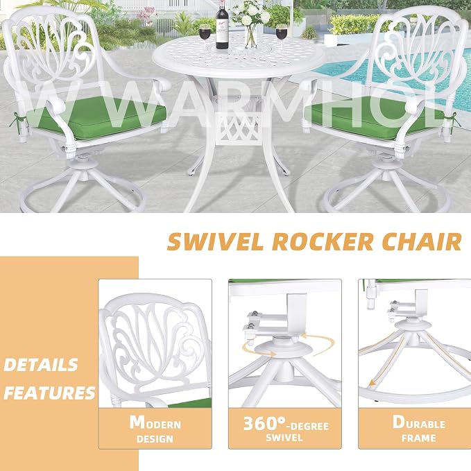 3-Piece Outdoor Patio Dining Set, All-Weather Cast Aluminum Patio Furniture Set for Backyard Garden Deck with 2 Swivel Cushioned Chairs and 31” Round Table, 2" Umbrella Hole, White