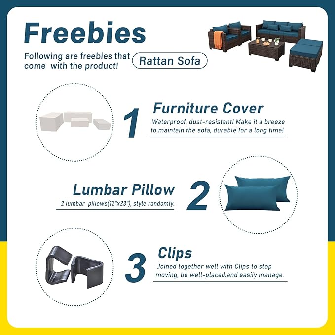 Wicker Patio Furniture Set 6 Pieces Outdoor Furniture Chairs and Couch Storage Table Anti-Slip Cushions and Waterproof Covers, Peacock Blue