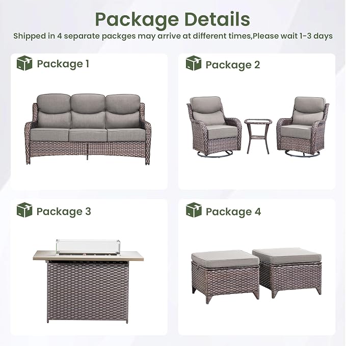 Luxury Patio Furniture Set with 6-inch Thick Cushion, Outdoor Furniture with Fire Pit Table, Swivel Chairs, Sofa, Side Table, Ottomans, 7pcs Wicker Conversation Set(Brown Wicker/Grey Cushion)