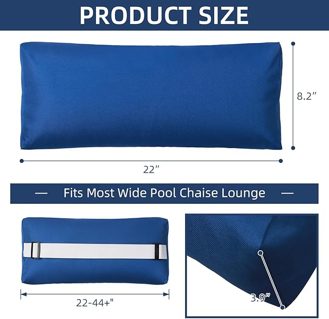 Headrest Pillow for Pool Chaise Lounge, Pool Lounge Pillows Outdoor with Elastic Band for Recliner and Pool Patio Chairs, Head Neck Support Pillow (Dark Blue, 22x8.6x3.9)