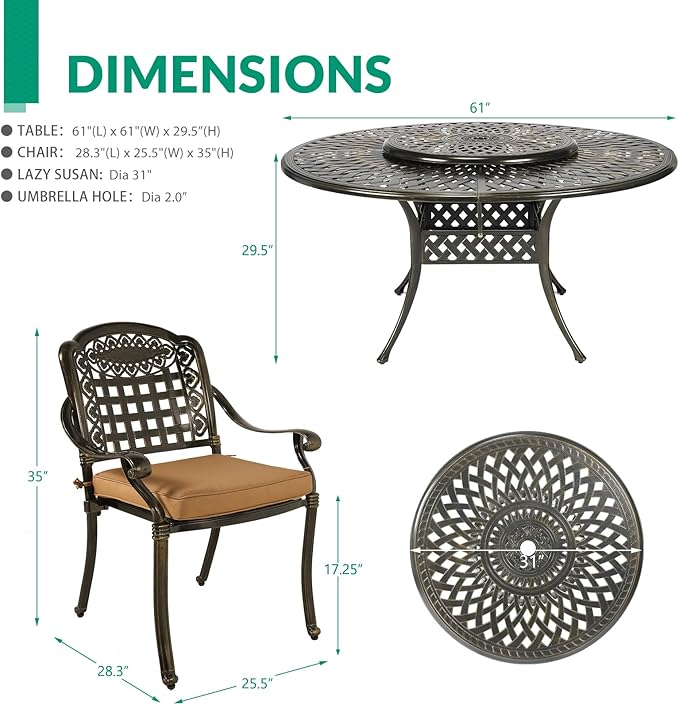 VIVIJASON 9-Piece Outdoor Furniture Dining Set, Rust-Free Cast Aluminum Patio Conversation Set, Include 8 Cushioned Chairs & 61" Round Dining Table with 31" Lazy Susan, Umbrella Hole, Khaki